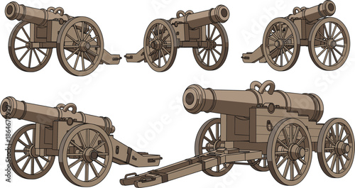 Old vintage cannon vector set with historic military artillery weapons on wheels isolated on white background