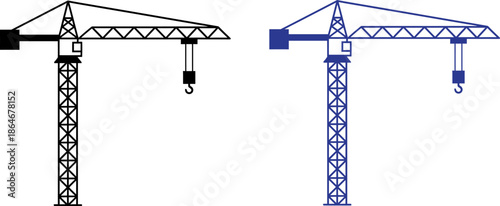 Two construction cranes in black and blue for engineering and building projects