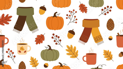 Cozy autumn pattern with warm drinks, pumpkins, scarves, and fall foliage for seasonal backgrounds and festive designs
