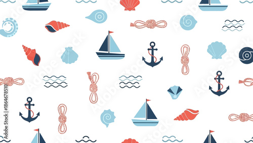 Abstract marine illustration: a repeating pattern of stylized sailboats, anchors, ropes, and seashells, perfect for coastal themes.