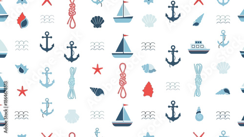 Nautical seamless pattern illustration with anchors, sailboats, seashells, starfish, and ropes, for summer ocean travel.