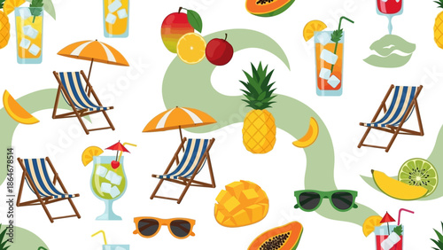 Vibrant summer vacation pattern featuring tropical fruits, refreshing drinks, and beach essentials for a cheerful holiday escape