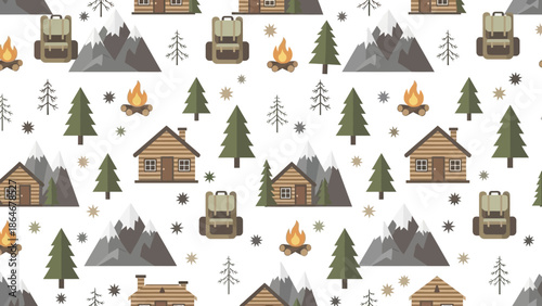 Repeating outdoor adventure pattern featuring snowy mountains, log cabins, pine trees, campfires, and backpacks, perfect for winter wilderness themes.