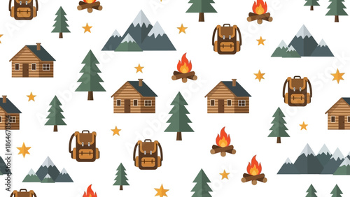 Outdoor Adventure Seamless Pattern with Rustic Cabins, Pine Trees, Mountains, Campfires, and Backpacks for Wilderness Exploration and Camping