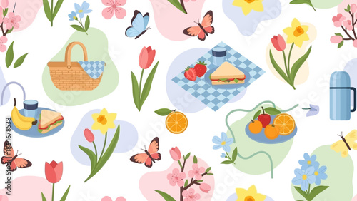 Cheerful Spring Picnic Elements Seamless Pattern with Flowers, Butterflies, and Food for Outdoor Relaxation