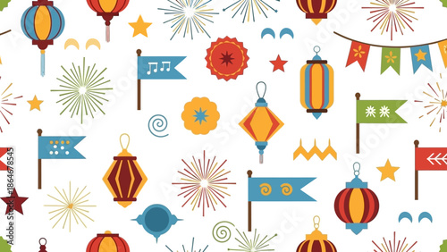 Vibrant festive celebration seamless pattern with traditional lanterns, colorful flags, and dazzling fireworks illustrations.