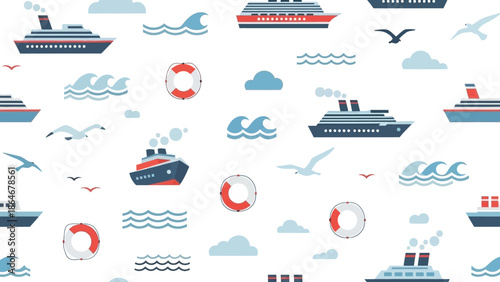 Graphic illustration: repeating pattern of cartoon ships, boats, ocean waves, flying seagulls, and lifebuoys for a nautical theme.