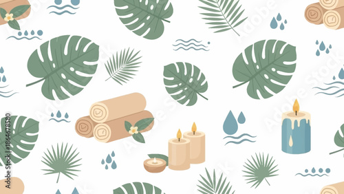 Seamless pattern of spa and wellness elements: tropical leaves, glowing candles, soft towels, water for serene backgrounds.
