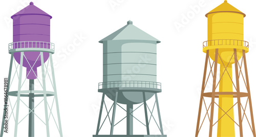 Set of three industrial water towers in purple grey and yellow colors flat vector illustration isolated on white background for city infrastructure.