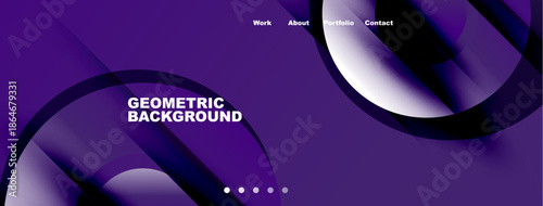 Purple abstract design features flowing shapes, text elements, navigation bar. Modern aesthetic suitable for website header or banner.
