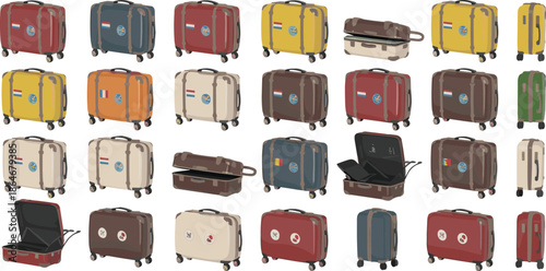 Colorful luggage collection, travel suitcases on wheels, vacation packing concept, modern hard shell baggage, tourism accessories, holiday trip essentials set