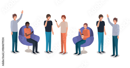 Group of diverse young men standing and sitting in various poses.