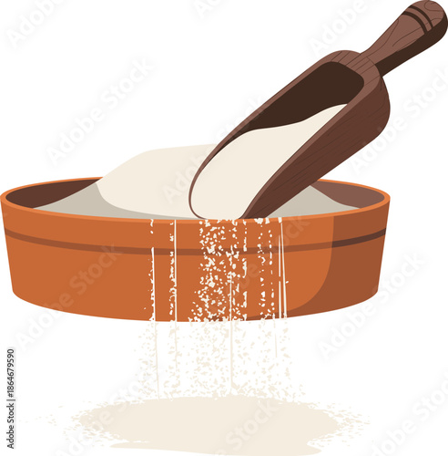 White flour or sugar being sifted through a round wooden sieve with a scoop for baking and pastry cooking concepts