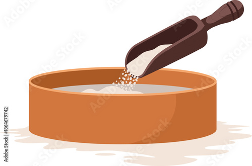 Wooden scoop pouring white flour or sugar into a round sieve sifter on a white background for baking and cooking concepts