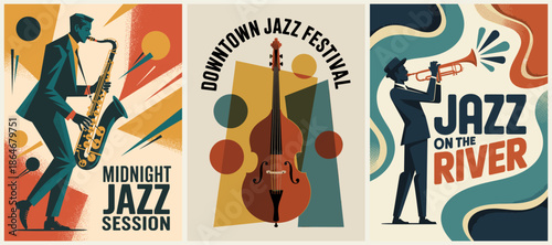 Vintage mid century style jazz poster set featuring saxophone trumpet and bass musicians with bold geometric backgrounds.