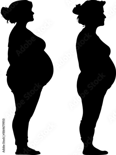 Black silhouettes of two pregnant women standing in profile view, motherhood and pregnancy concept.