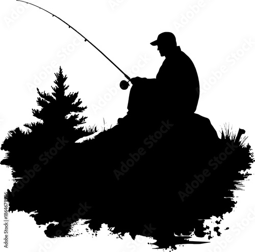Black silhouette of a fisherman sitting and fishing with a rod near a pine tree on white background.