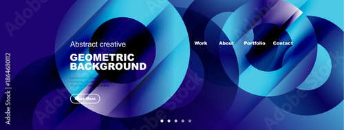 Abstract geometric background design. Blue hues dominate, featuring flowing shapes, text elements, navigation options. Modern aesthetic.