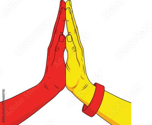 Friendly high-five between red and yellow hands, symbolizing teamwork, unity, celebration, and cooperation