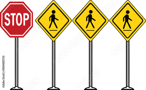 Four traffic signs on poles including stop and pedestrian crossing signs