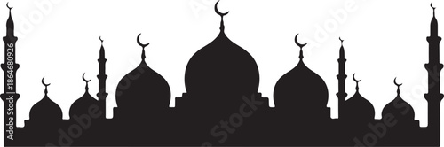 Black silhouette of mosque with domes and minarets