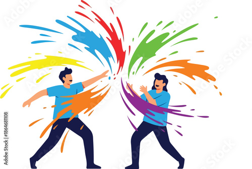 Dynamic splash of color as two friends collide with vibrant energy and expressive motion