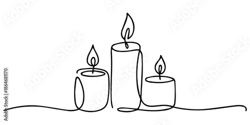 Burning fire candle continuous one line drawing. Hand-draw candle light flame vector illustration. candle for print, banner, logo, or symbol, interior concept. One line Icon drawing with white back.