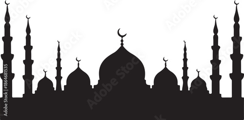 Black silhouette of mosque with minarets and crescent moons