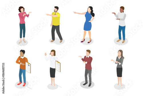 Isometric Group of Diverse People Standing and Gesturing.