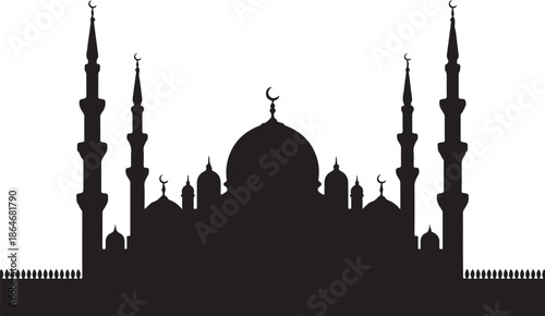 Black silhouette of mosque with minarets and crescent moons