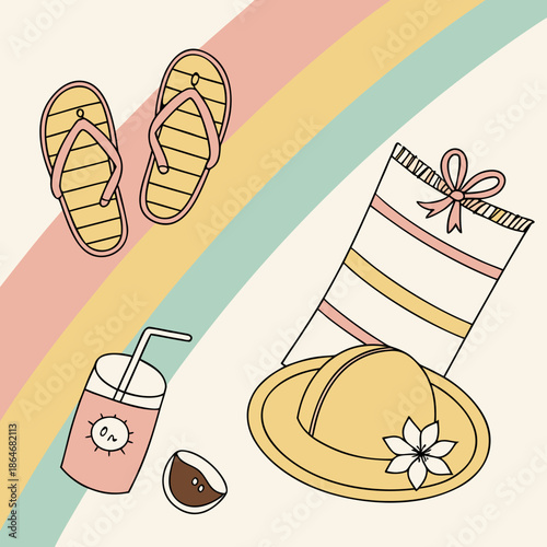 Summer beach accessories including hat, towel, and flip-flops arranged on a colorful background