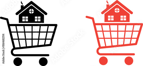 Simple icons of shopping carts with houses on top for real estate and e-commerce themes