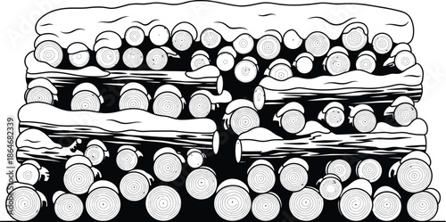 Snowy stacked woodpile in black and white illustration