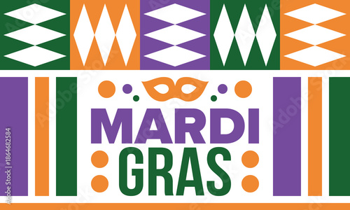 Mardi Gras Carnival in New Orleans. Fat Tuesday. Traditional holiday, celebration annual. Folk festival, costume masquerade, fun party. Carnival mask. Poster, card, banner and background. Vector