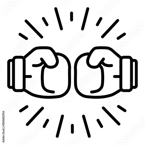 Conflict and competition symbol with two boxing gloves hitting together, representing challenge, confrontation, rivalry, strength balance, and face to face opposition.