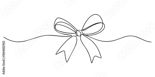 Hand drawn girly coquette bow ribbon for design template birthday, wedding, Christmas card, invitation, sale banner, Minimalist one line drawing of a decorative bow with flowing ribbon ends, isolated.