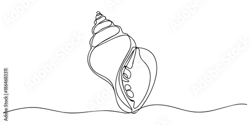 Continuous one line drawing of conch snail shell. Marine animal concept continuous line art. Single line art, One line art of a detailed clam shell, minimalist sea texture design, Oyster shells, pro.