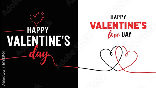 Modern Valentine's Day graphic design featuring continuous line hearts on contrasting black and white backgrounds for romantic greetings