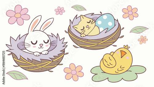 Cute baby animals vector illustration sleeping in cozy nests with soft pastel colors
