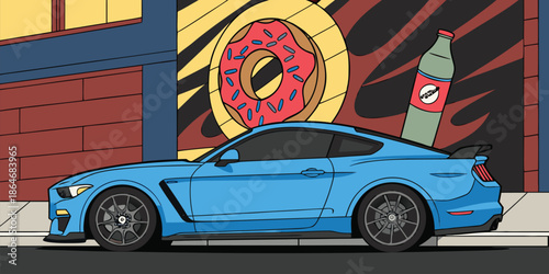 Vibrant cartoon drawing of a sleek vehicle next to a sweet snack wall