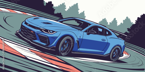Vibrant stylized blue sports car drifting on a race track illustration artwork