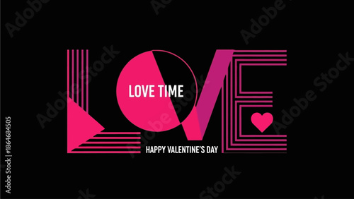 Vibrant graphic design celebrating Valentine's Day with striking 'LOVE' typography, modern geometric lines, and a bold pink color palette for romantic sentiments