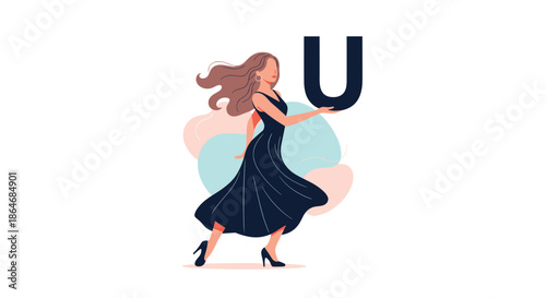 Elegant woman in a black dress gracefully holding a large black letter U against a vibrant abstract background with colorful shapes.