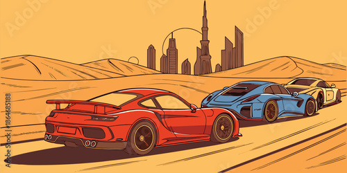 Stylized illustration of sports cars racing through a desert with a futuristic cityscape