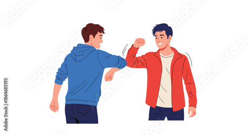 Two young men in casual jackets performing a friendly elbow bump greeting as a safe social distancing gesture in an urban setting.