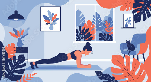 Fit woman performing a plank exercise in a stylishly decorated home room with indoor plants and a black cat sitting on a chair.