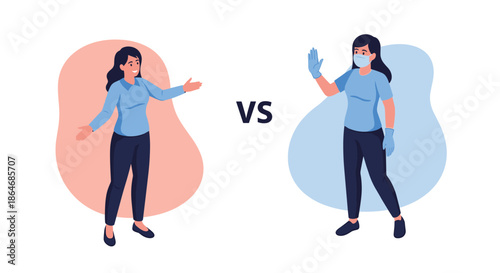 Comparison illustration of two women where one is wearing a protective face mask and gloves as a safety measure for health.