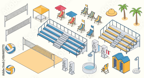 Comprehensive collection of isometric beach and volleyball items including courts bleachers lounge chairs and palm trees.