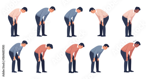 Men expressing pain and discomfort in various postures