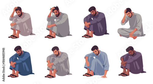 Sad man sitting in despair, multiple poses